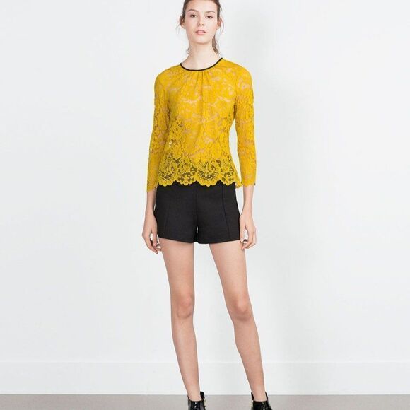 ZARA Mustard Yellow Sheer Lace Top - Picture 1 of 8